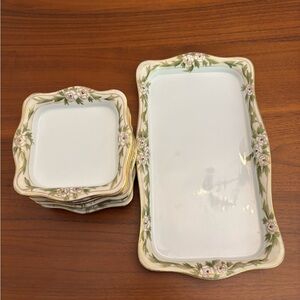 Floral Ceramic Dining Set - Cream and Green, Vintage hand painted